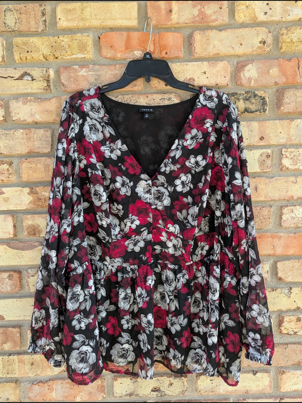 torrid Black Floral V-Neck Peplum Blouse with Red & White Flowers